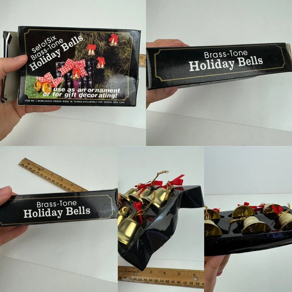 2 Vtg Pkgs Christmas Gold‎ Brass Tone Bells Jingle w Red Ribbon w Orig Box READ
